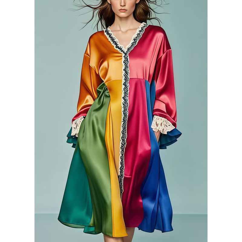 Style Multicolor Oversized Lace Patchwork Silk Vacation Dresses Fall