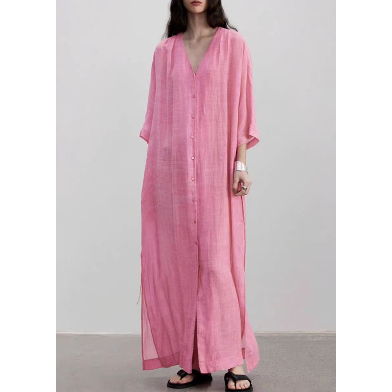 Style Pink V Neck Button Lace Up Linen Long Dress Summer
