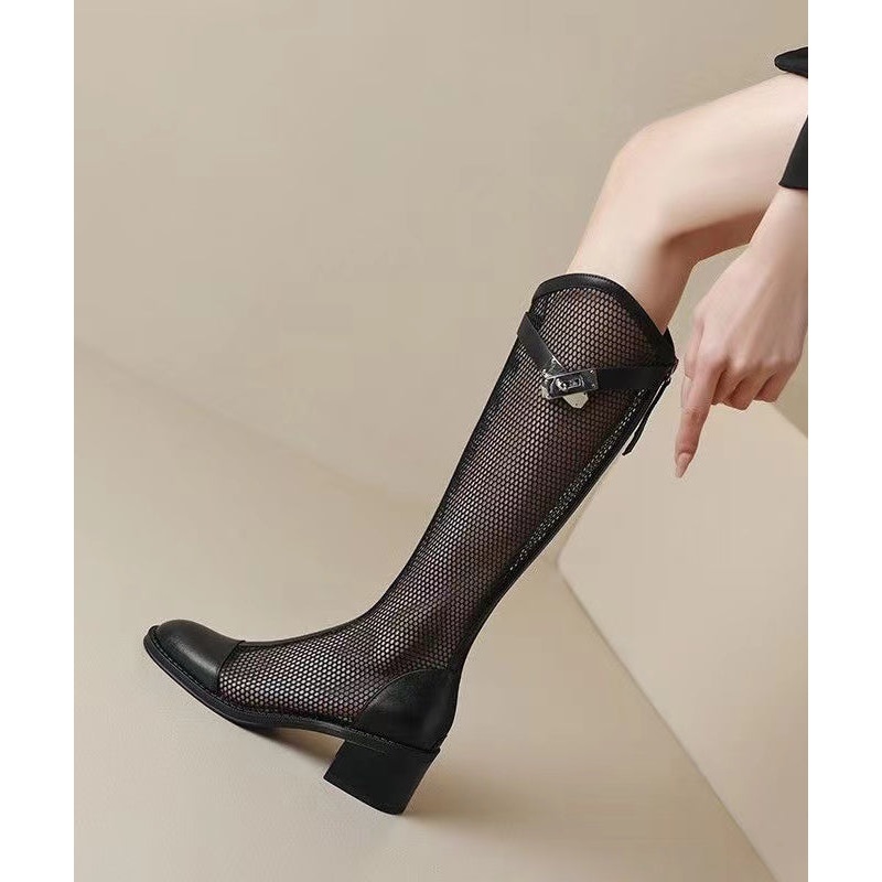 Stylish Black Hollow Out Breathable Mesh Splicing Zipper Boots