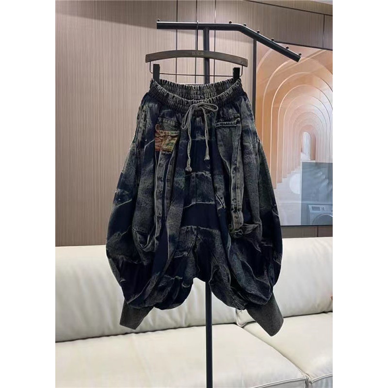 Stylish Blue Wrinkled Elastic Waist Denim Lantern Pants Spring