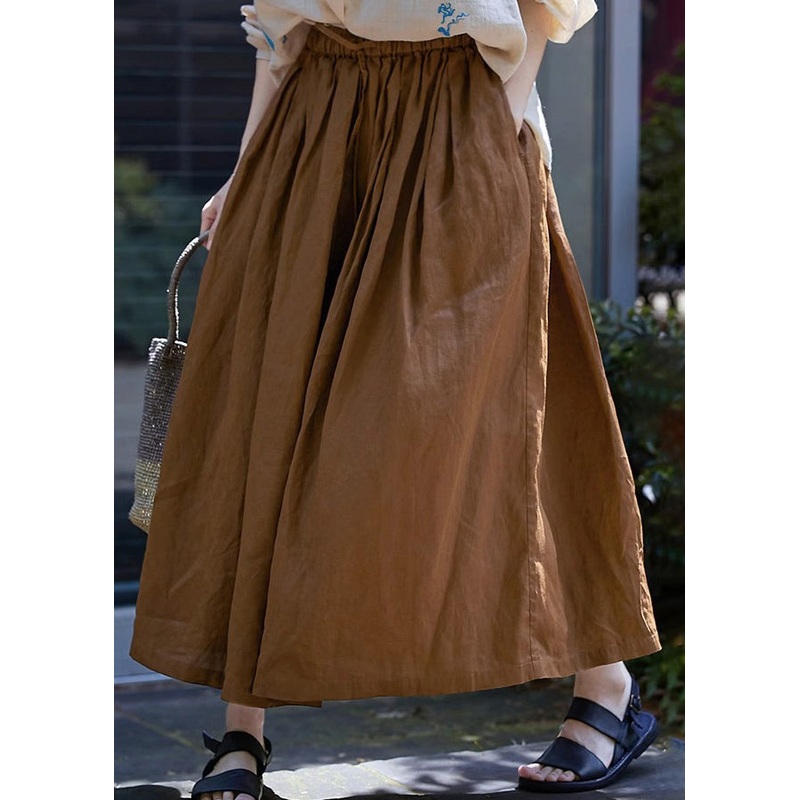 Stylish Brown Pockets Wrinkled Elastic Waist Cotton Skirt Spring