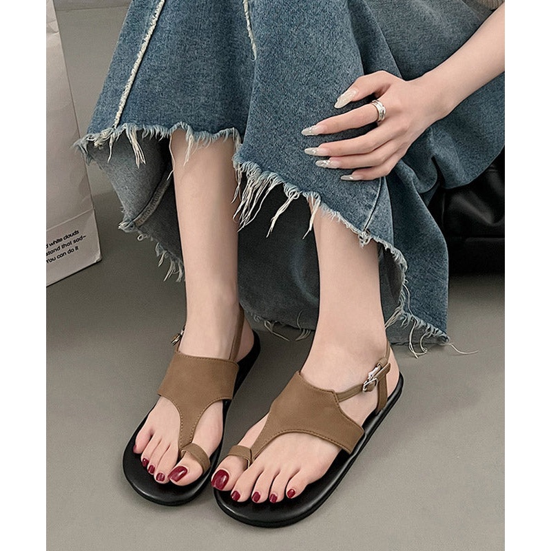 Stylish Brown Splicing Thong Sandals Hollow Out Peep Toe