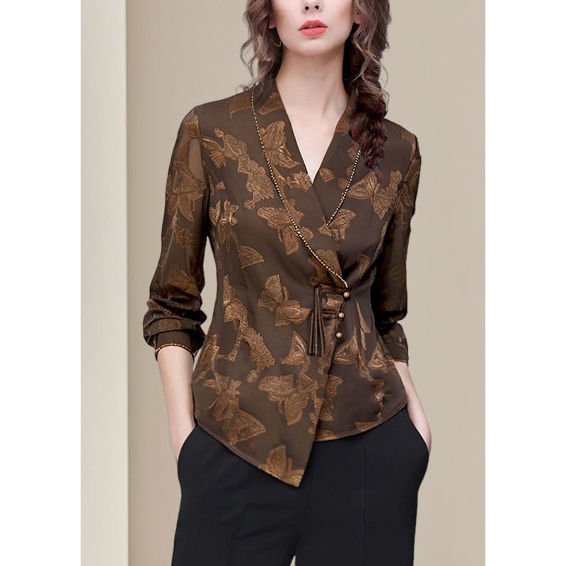 Stylish Coffee Notched Print Button Chiffon Shirt Spring