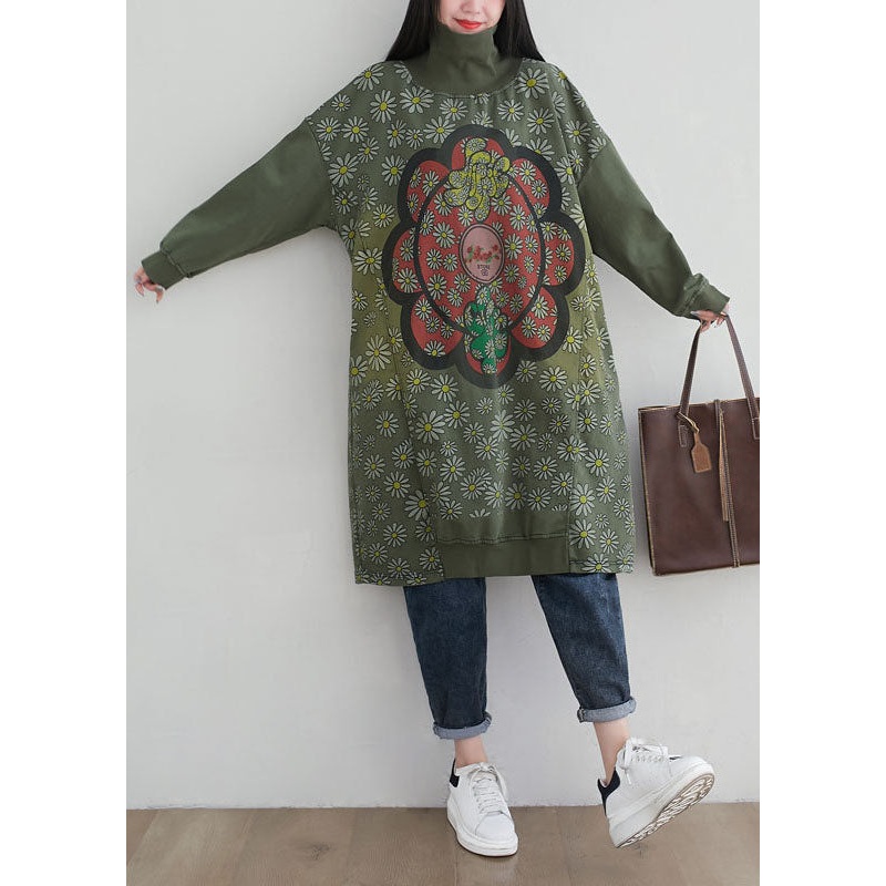 Stylish Green Hign Neck Patchwork Cotton Mid Dress Spring