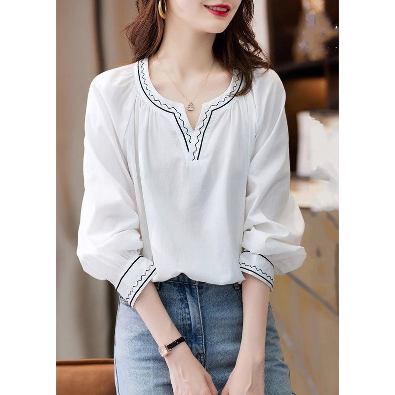 Unique White V Neck Embroidered Patchwork Shirts Fall