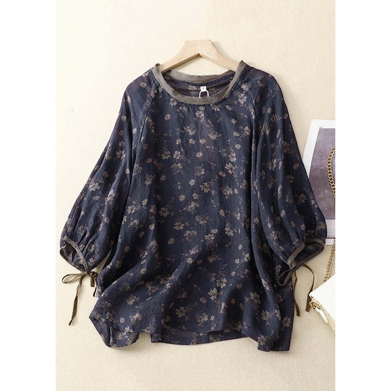 Vintage Navy O Neck Lace Up Print Linen Tops Bracelet Sleeve