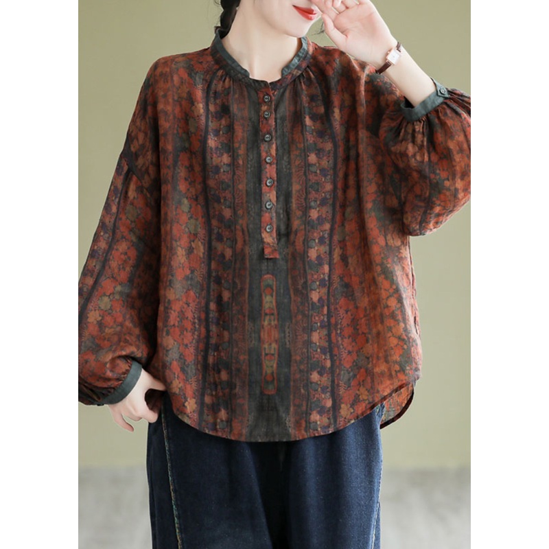 Vintage Orange Stand Collar Print Button Linen Shirts Long Sleeve