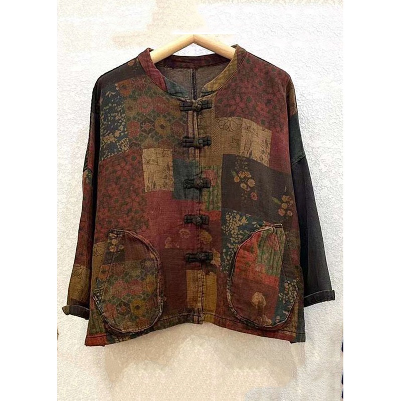 Vintage Print Button Patchwork Cotton Coat Long Sleeve