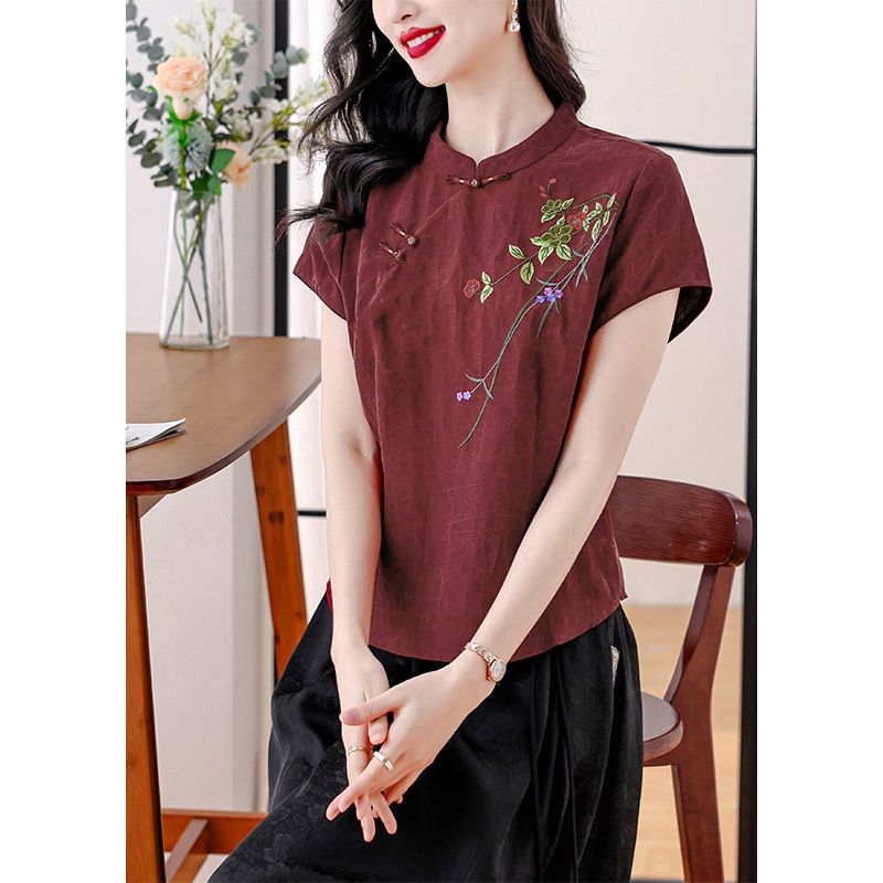 Vintage Red Stand Collar Embroidered Silk Blouses Summer