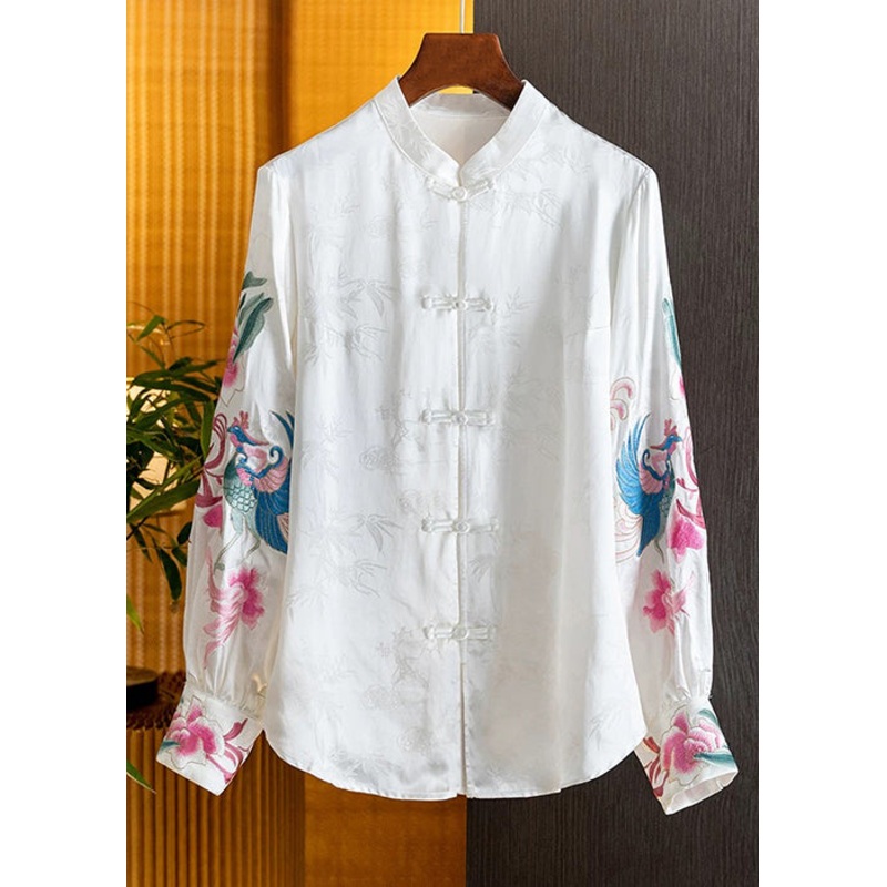 Vintage White Flower Embroidered Shirt Top Long Sleeve Fall
