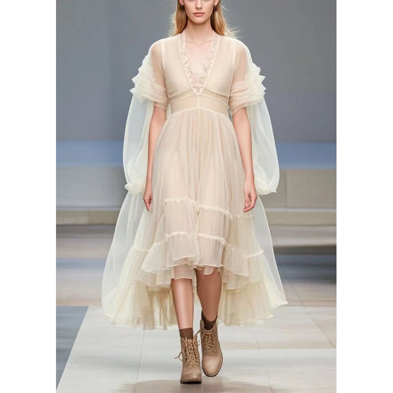 Women Apricot V Neck Exra Large Hem Silk Dress Cloak Sleeves