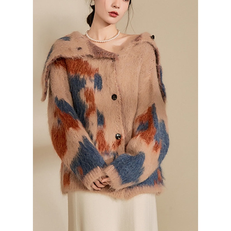 Women Brown Print Button Cotton Knit Cardigan Winter