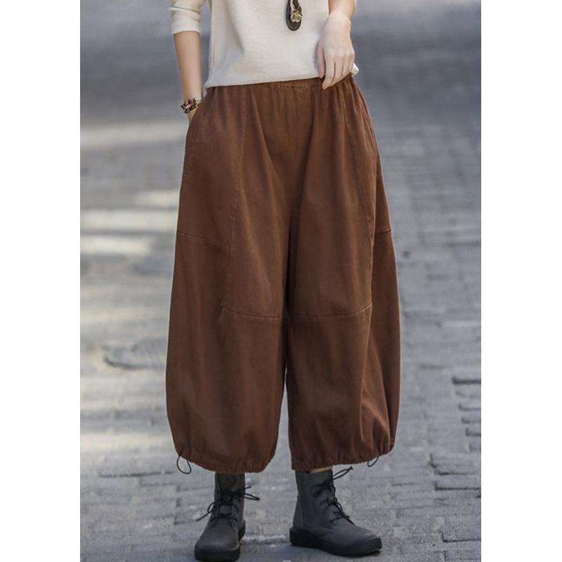 Women Coffee Pockets Elastic Waistk Cotton Crop Pants Summer