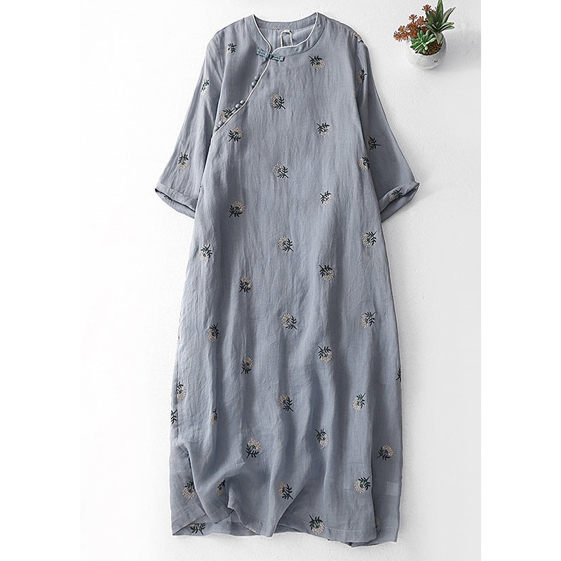Women Grey Embroidered Button Cotton Dresses Half Sleeve