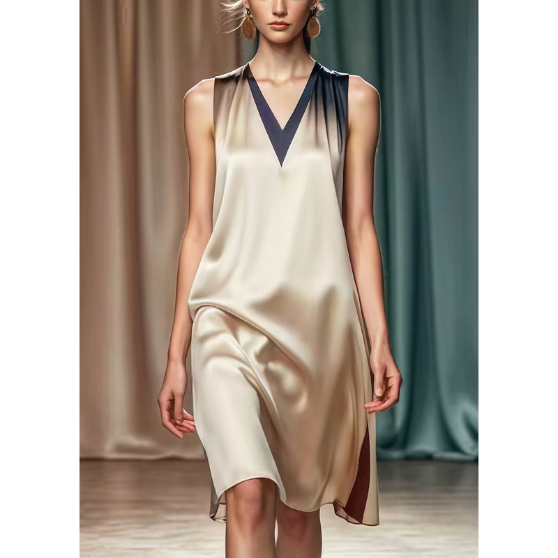 Women Nude V Neck Tie Dye Silk Vacation Dress Summer