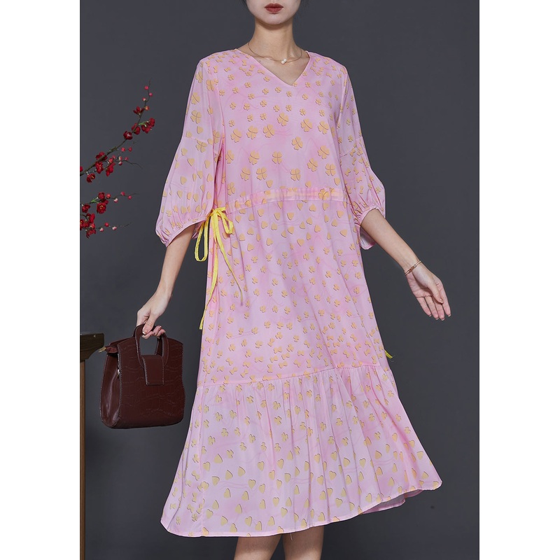 Women Pink Print Drawstring Cotton Maxi Dresses Bracelet Sleeve
