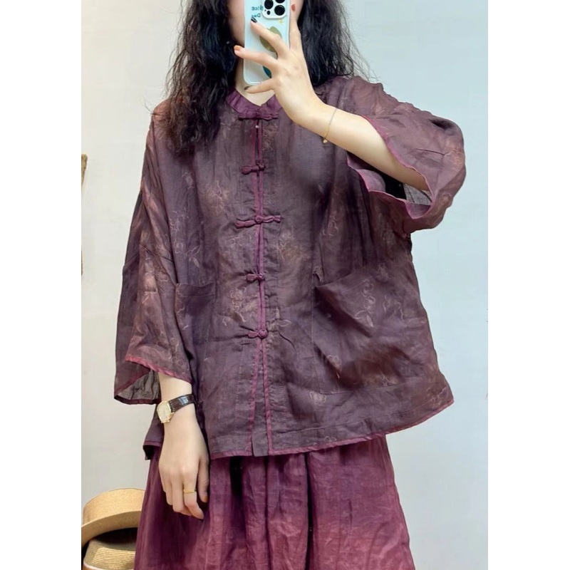 Women Purple Button Pockets Linen Shirt Spring