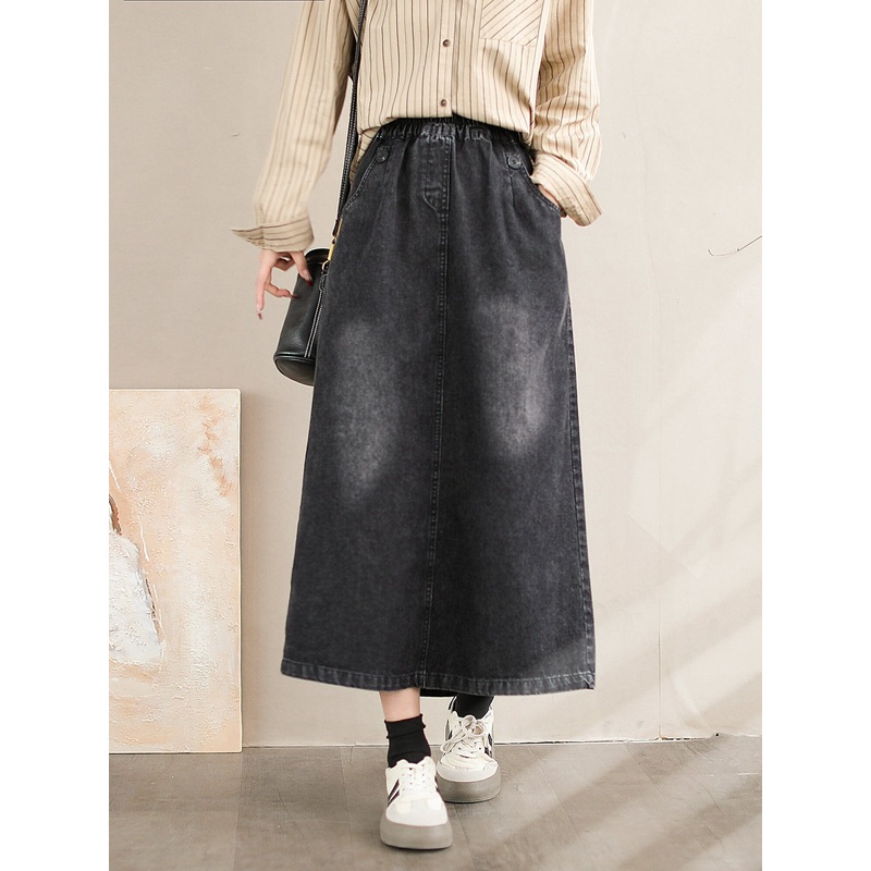 Women Spring Retro Casual A-Line Denim Skirt