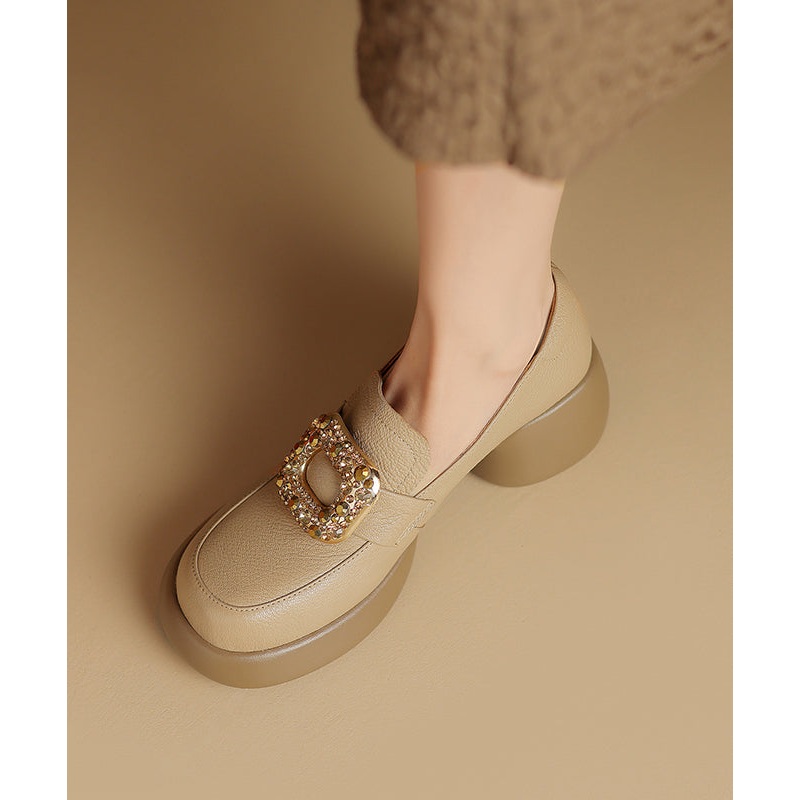 Apricot Chunky Sheepskin Soft Splicing Zircon Loafers For Women