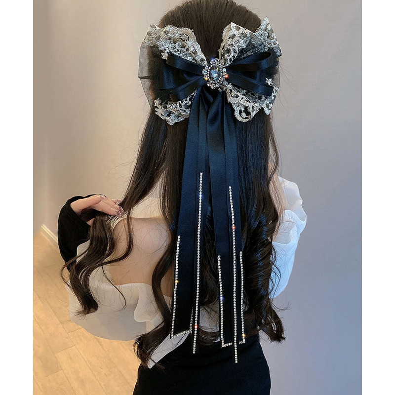 Art Black Alloy Zircon Tulle Bow Tassel Hairpin