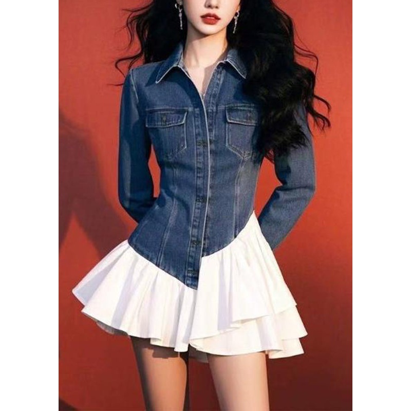 Art Blue Pockets Fake Two Pieces Denim Mid Dresses Spring