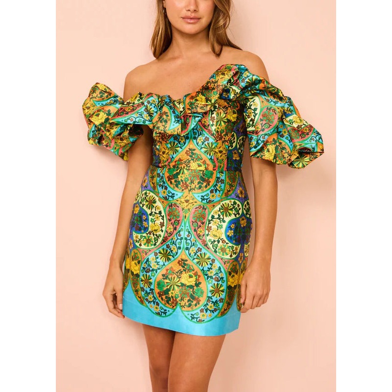 Art Green Cold Shoulder Print Silk Mid Dress Summer