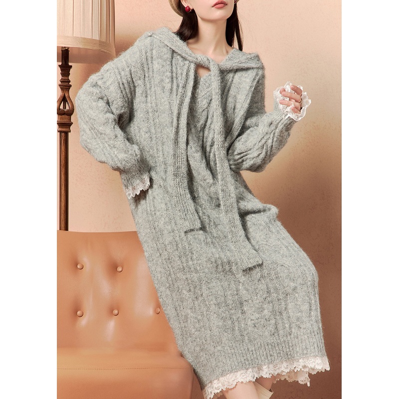 Art Grey Hooded Lace Patchwork Knit Dress Winter