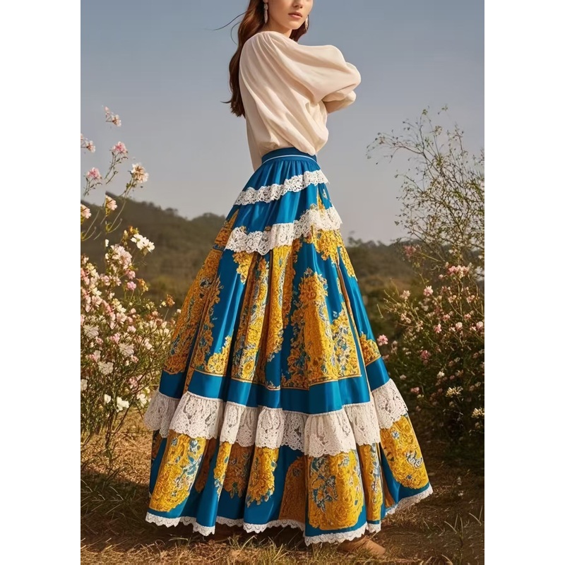 Art Peacock Blue Print Patchwork Lace Exra Large Hem Skirt Spring