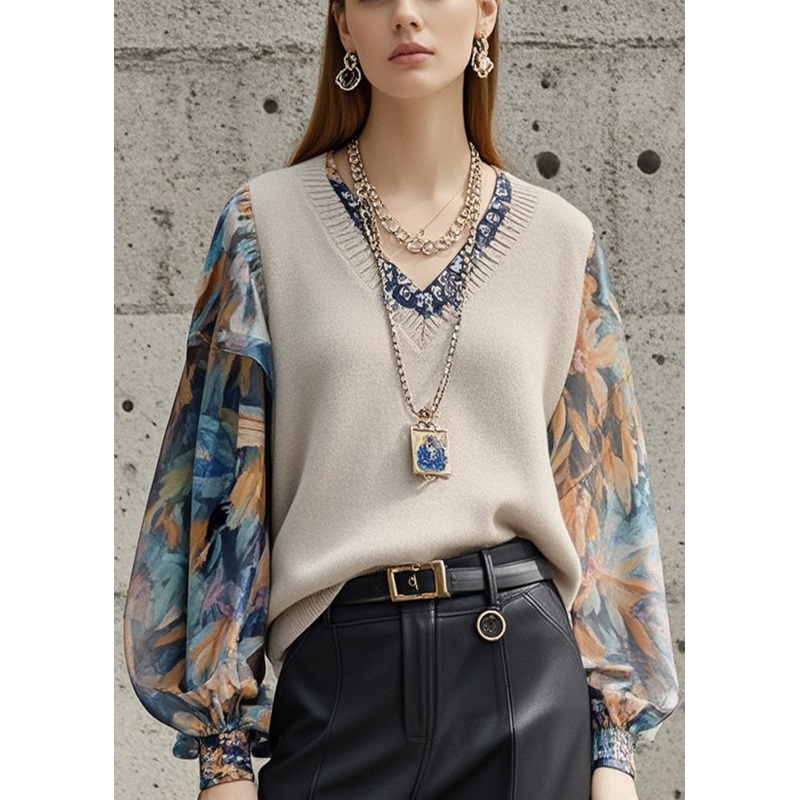 Beautiful Light Camel Patchwork Print Sweater Tops Lantern Sleeve