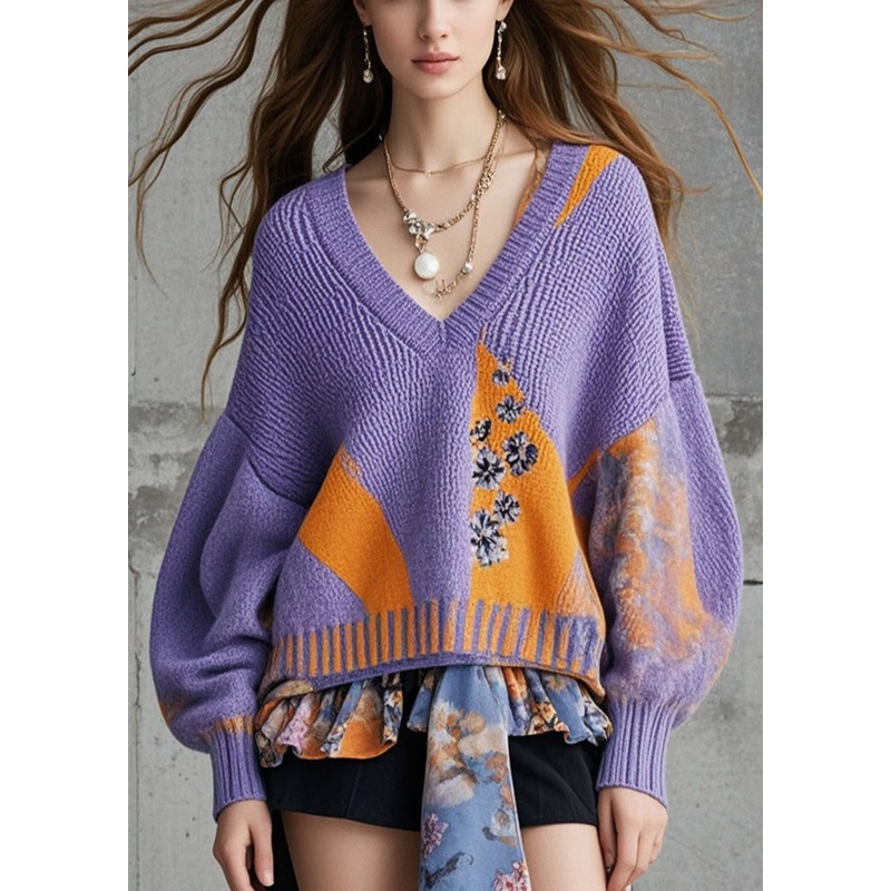 Beautiful Purple Oversized Patchwork Knit Sweaters Fall