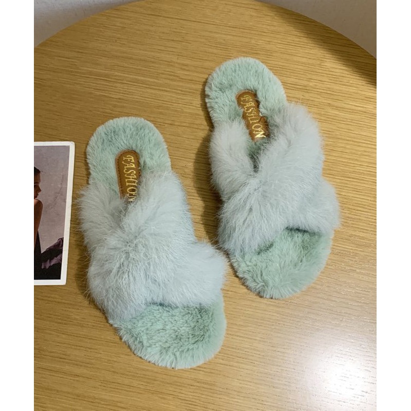 Beautiful Splicing Slippers Shoes Light Green Fuzzy Fur