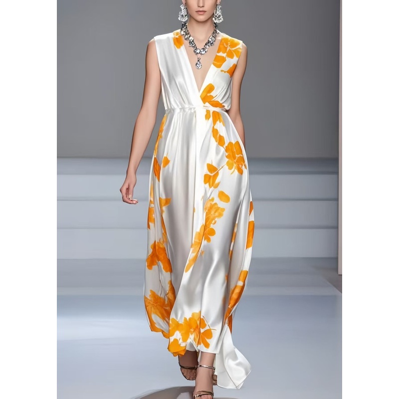 Beautiful White V Neck Print Silk Summer Dress Sleeveless