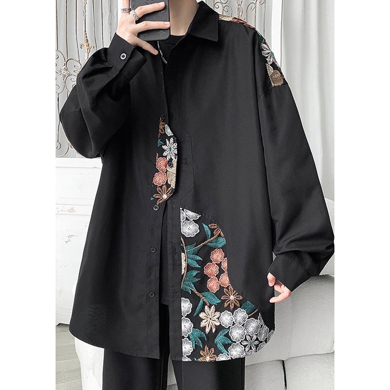 Black Button Cotton Neutral Coats Peter Pan Collar Long Sleeve