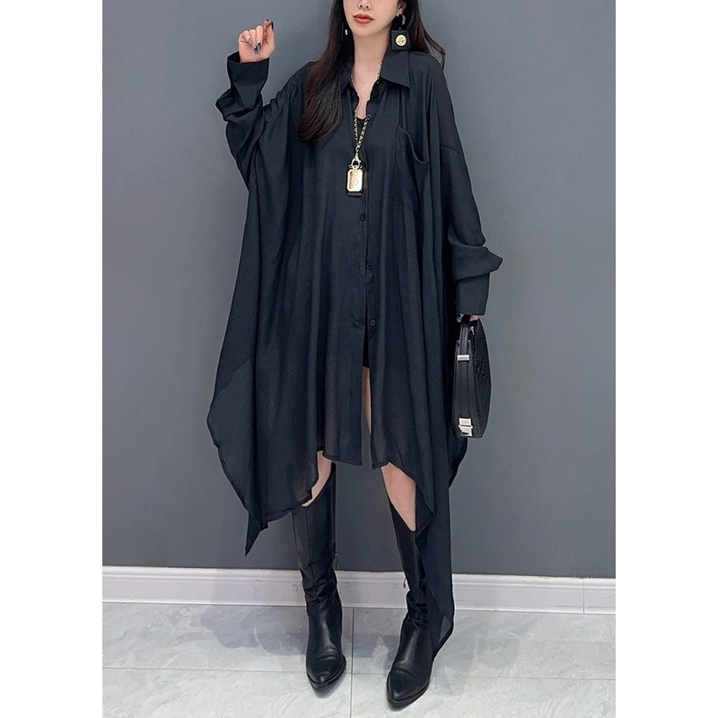 Black Button Cotton Shirts Peter Pan Collar Batwing Sleeve