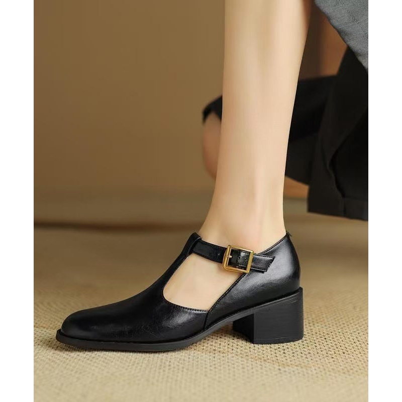 Black Cowhide Leather Splicing Chunky Shoes Hollow Out