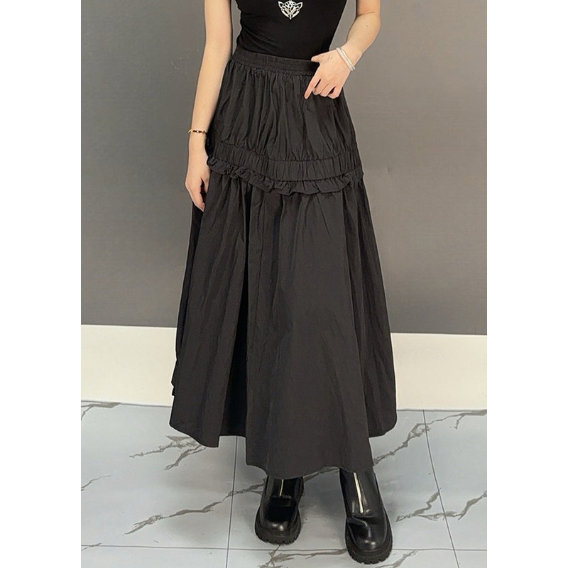 Black Solid Elastic Waist Loose Cotton Fall Skirts Ruffled