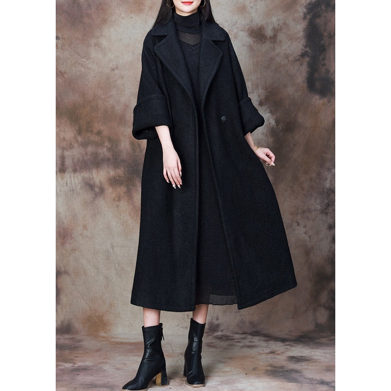 Black Solid Loose Woolen Coats Notched Winter