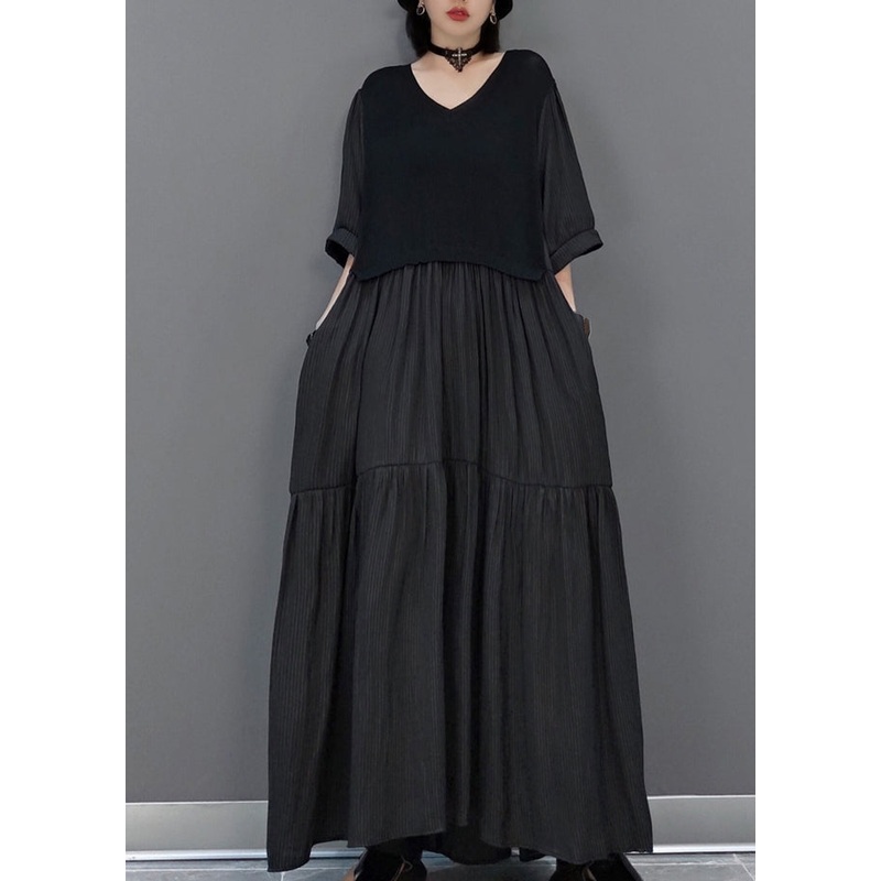 Black Wrinkled Vacation Long Dresses Half Sleeve