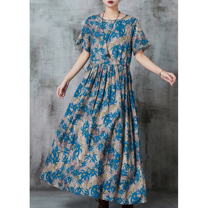 Blue Print Linen Vacation Dresses Cinched Summer