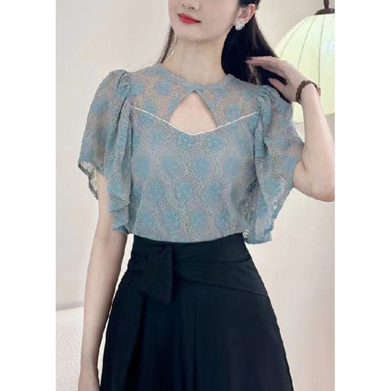 Blue Solid Button Blouses O-Neck Short Sleeve