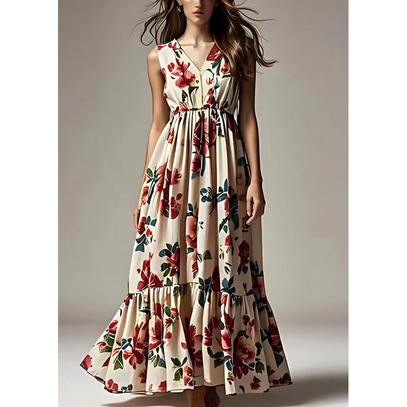 Bohemian Beige Print Wrinkled Cotton Maxi Dresses Sleeveless