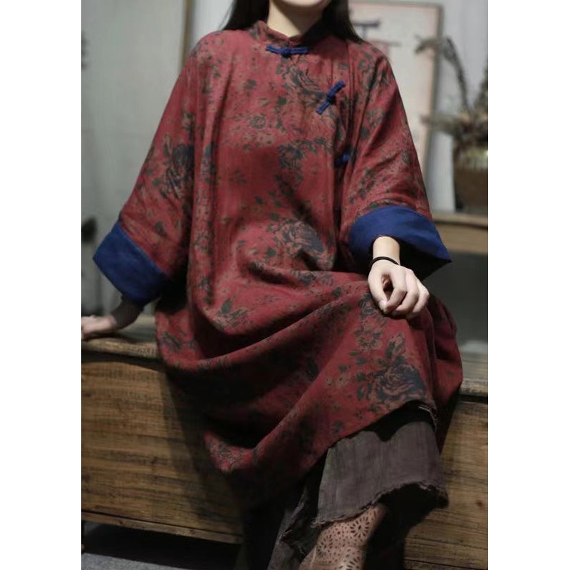 Bohemian Dark Red Stand Collar Print Button Linen Gown Spring