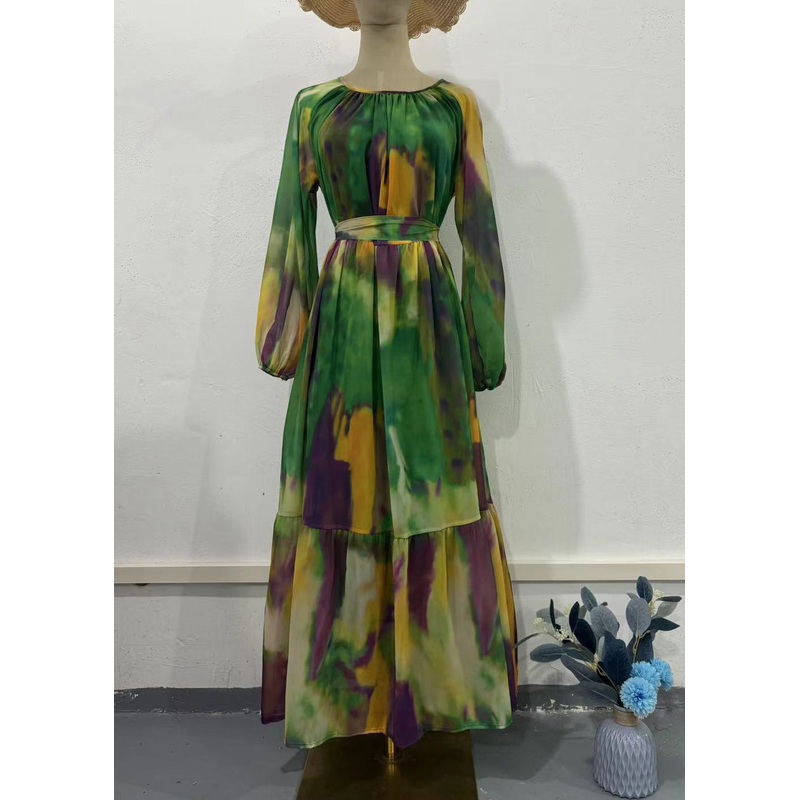 Bohemian Green O Neck Print Chiffon Dresses Fall