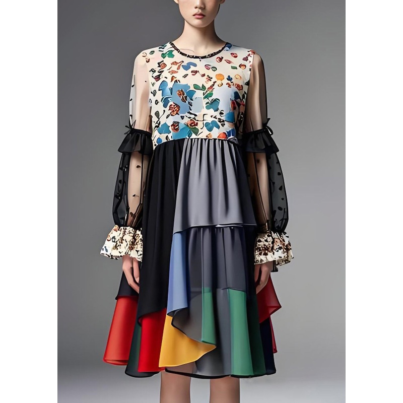 Bohemian O Neck Print Organza Patchwork Chiffon Dress Long Sleeve