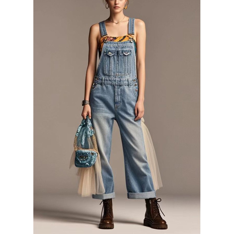 Boutique Blue Oversized Patchwork Tulle Denim Jumpsuit Summer