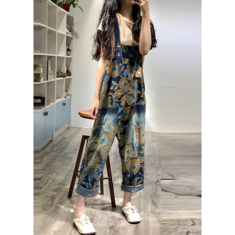 Boutique Blue Oversized Print Denim Overalls Jumpsuit Spring