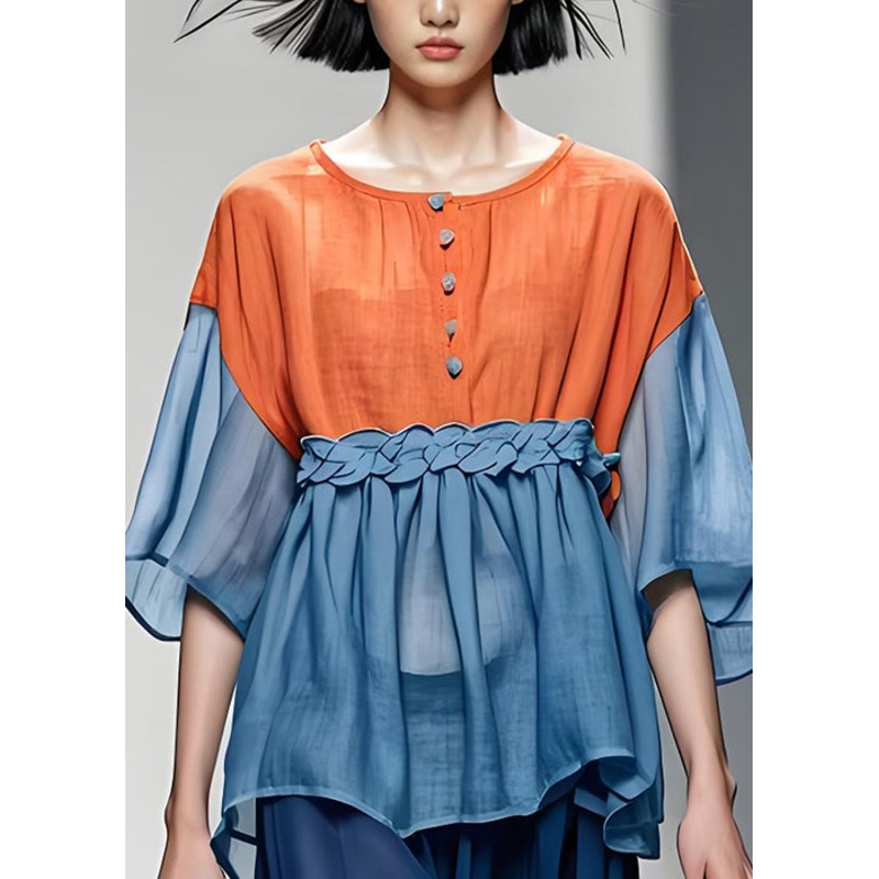 Boutique Colorblock O Neck Wrinkled Cotton Tops Summer