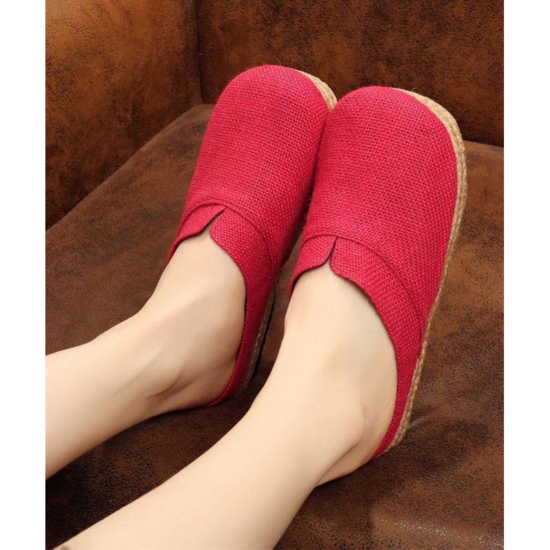 Boutique Flat Shoes For Women Red Cotton Linen Fabric Slippers Shoes