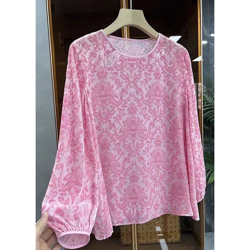 Boutique Pink O Neck Jacquard Silk Velour Blouse Top Spring