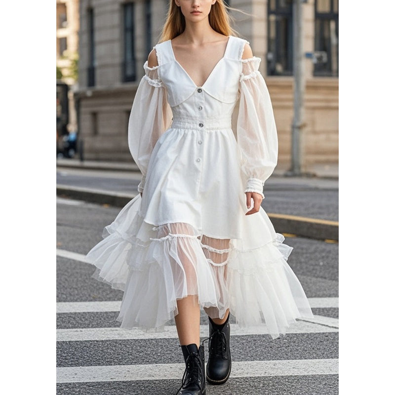 Boutique White Cold Shoulder Patchwork Cotton Vacation Dresses Spring